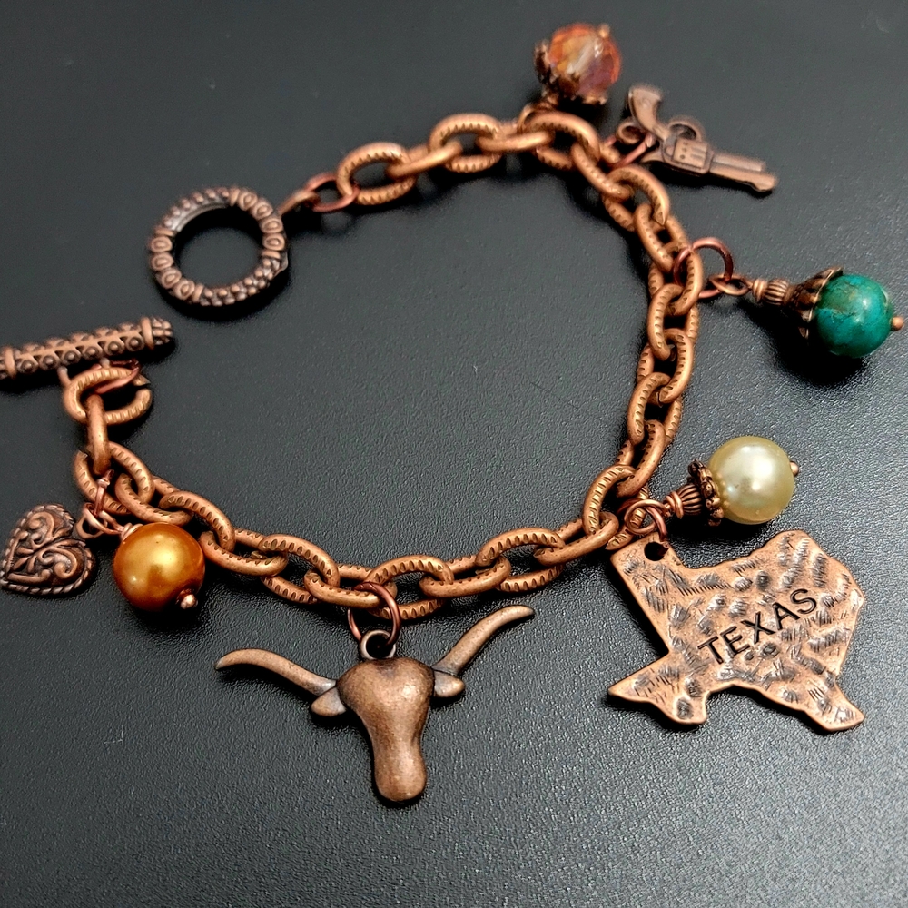Rustic Texas Charm Bracelet – Antique Copper with Imperial Jasper & Glass Pearls